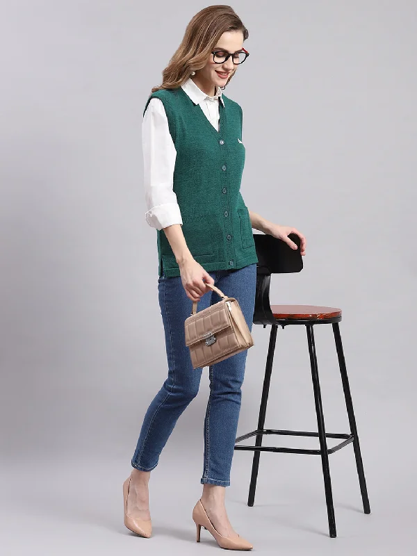 cardigan chic black -Women Green Solid V Neck Sleeveless Cardigans