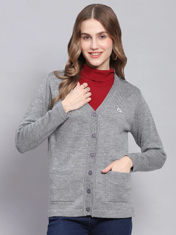 cardigan neutral pink -Women Grey Melange Solid V Neck Full Sleeve Cardigans