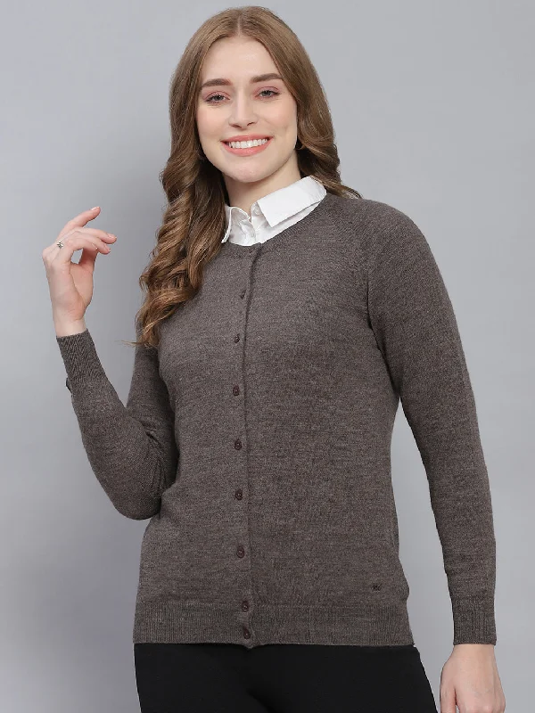 cardigan maroon tone -Women Grey Solid Round Neck Full Sleeve Cardigans