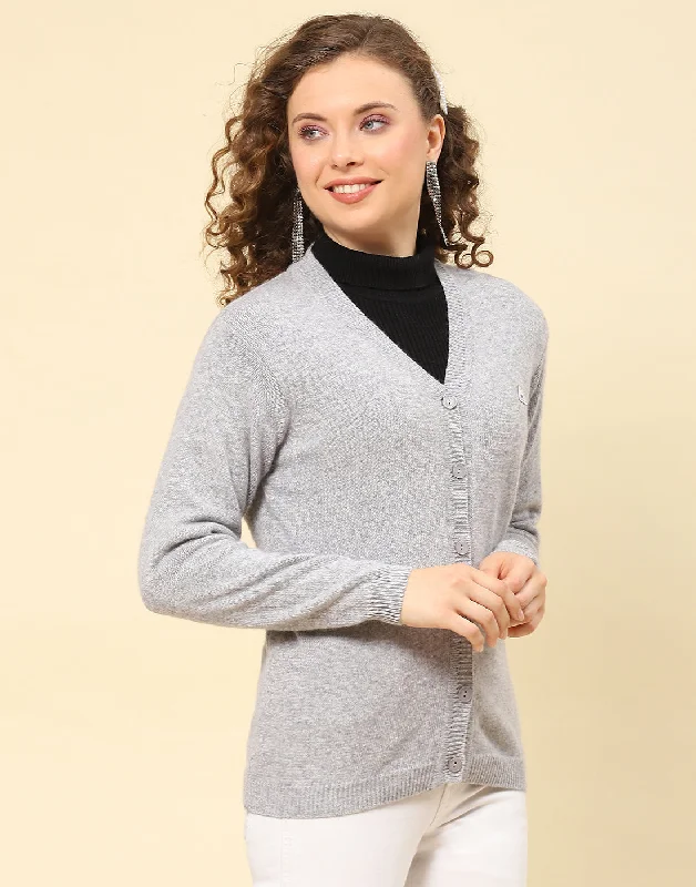 cardigan cozy mustard -Women Grey Solid V Neck Full Sleeve Cardigan