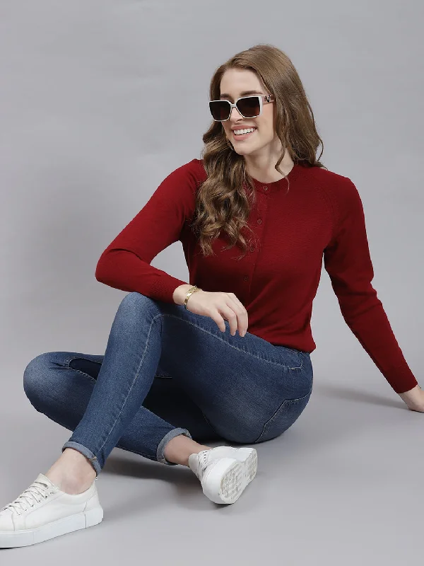 cardigan elegant casual -Women Maroon Solid Cardigan