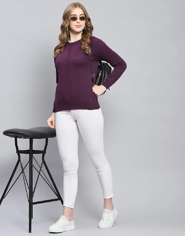 cardigan short sleeve -Women Maroon Solid Round Neck Full Sleeve Cardigan