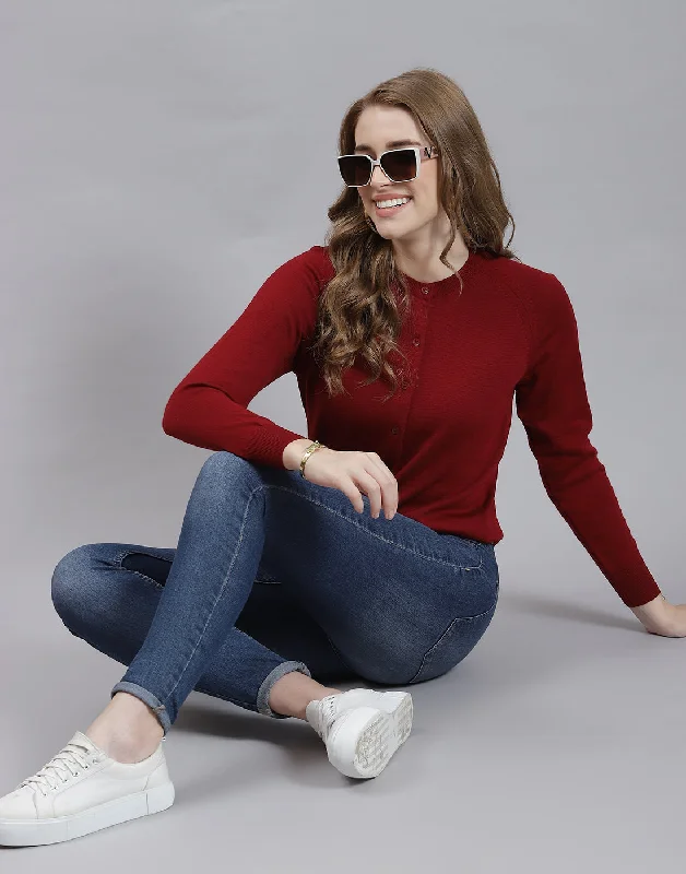 cardigan for women -Women Maroon Solid Round Neck Full Sleeve Cardigan