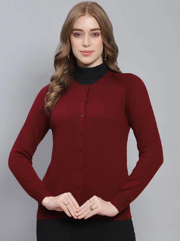 cardigan evening wear -Women Maroon Solid Round Neck Full Sleeve Cardigans