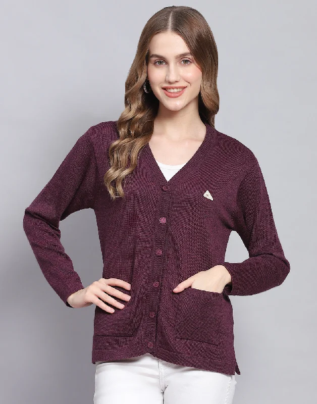 cardigan autumn layering -Women Maroon Solid V Neck Full Sleeve Cardigan