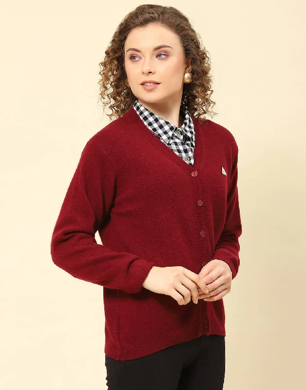 cardigan elegant mustard -Women Maroon Solid V Neck Full Sleeve Cardigan