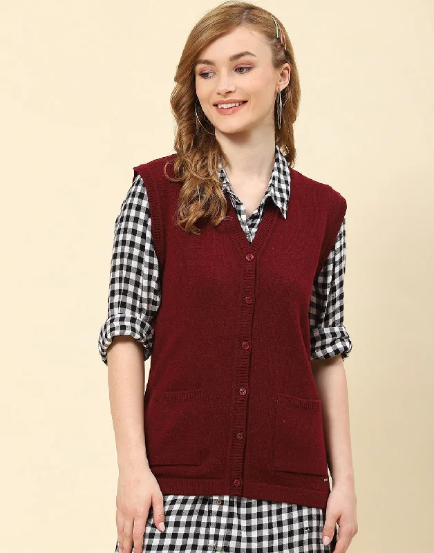 cardigan floral design -Women Maroon Solid V Neck Sleeveless Cardigan