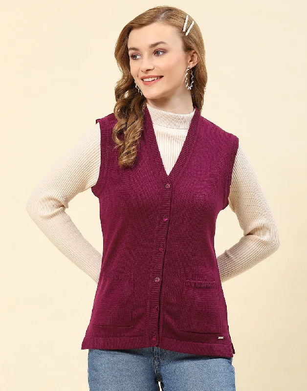 cardigan grey hoodie -Women Maroon Solid V Neck Sleeveless Cardigan