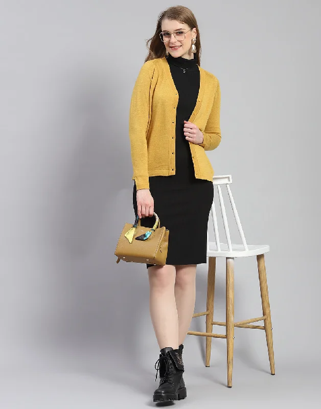 cardigan vibrant black -Women Mustard Solid V Neck Full Sleeve Cardigan