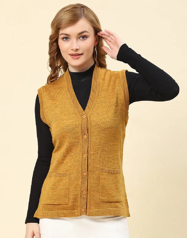 cardigan layered outfit -Women Mustard Solid V Neck Sleeveless Cardigan