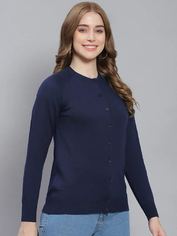 cardigan festive sweater -Women Navy Blue Solid Round Neck Full Sleeve Cardigans