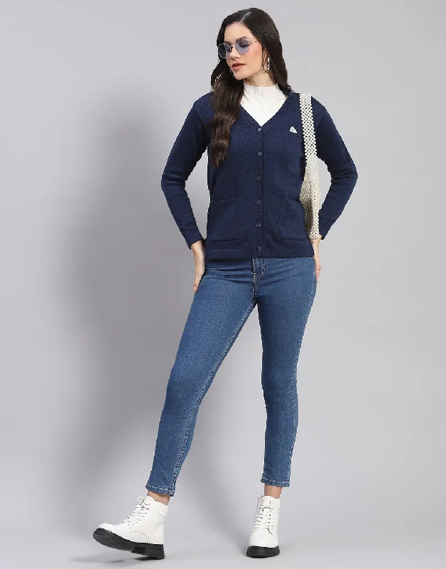 cardigan trendy cashmere -Women Navy Blue Solid V Neck Full Sleeve Cardigan