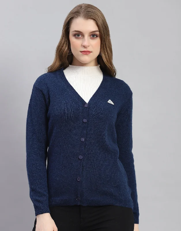 cardigan soft maroon -Women Navy Blue Solid V Neck Full Sleeve Cardigan