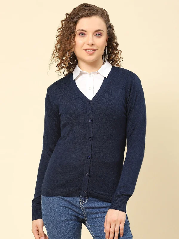 cardigan vibrant white -Women Navy Blue Solid V Neck Full Sleeve Cardigans