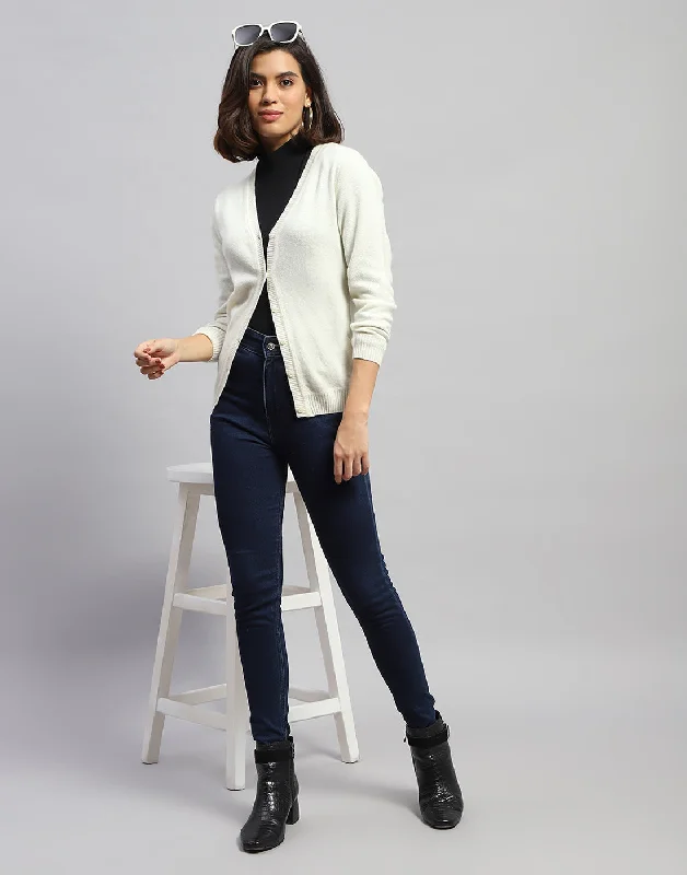 cardigan cozy design -Women Off White Solid V Neck Full Sleeve Cardigan