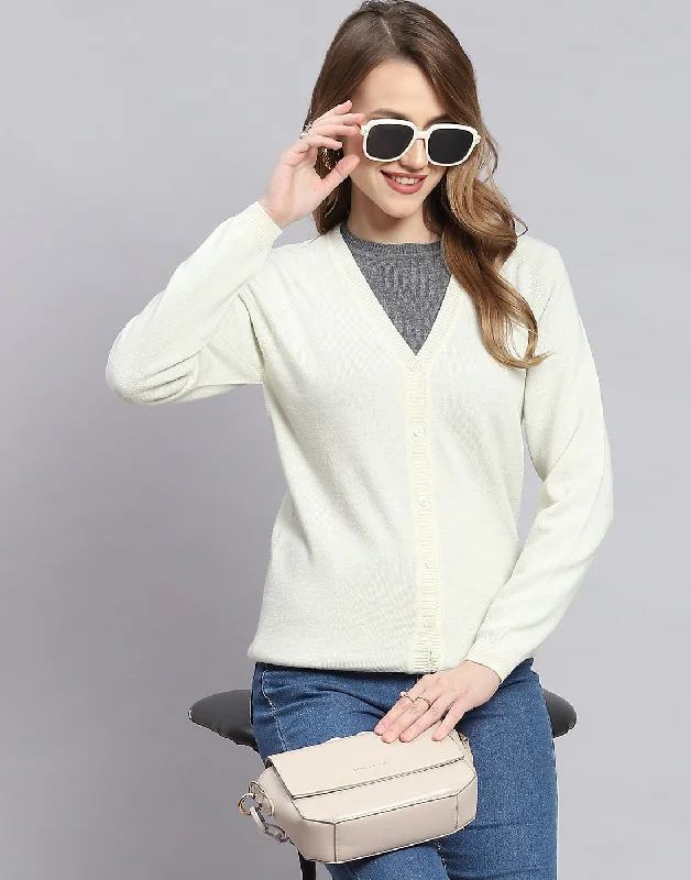 cardigan loose navy -Women Off White Solid V Neck Full Sleeve Cardigans