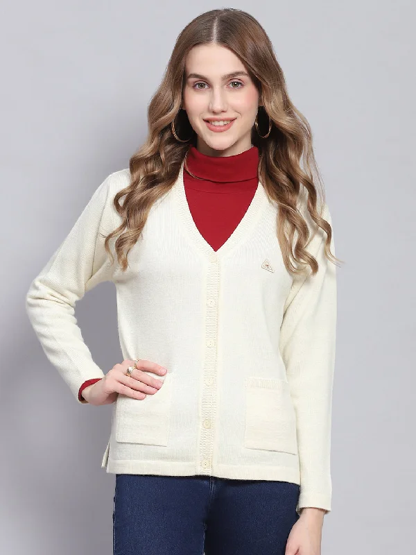 cardigan stylish blue -Women Off White Solid V Neck Full Sleeve Cardigans