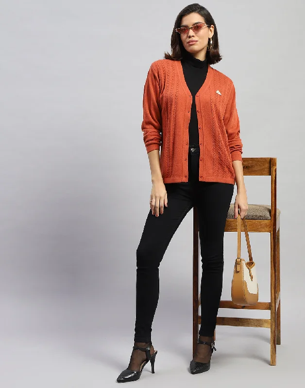 cardigan lightweight wool -Women Orange Self Design V Neck Full Sleeve Cardigan