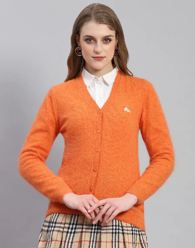 cardigan modern black -Women Orange Solid V Neck Full Sleeve Cardigan