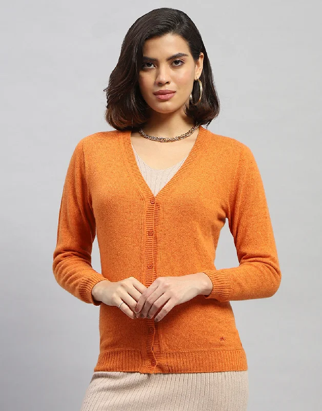 cardigan neutral tones -Women Orange Solid V Neck Full Sleeve Cardigan