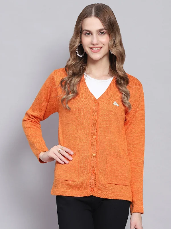 cardigan loose purple -Women Orange Solid V Neck Full Sleeve Cardigans