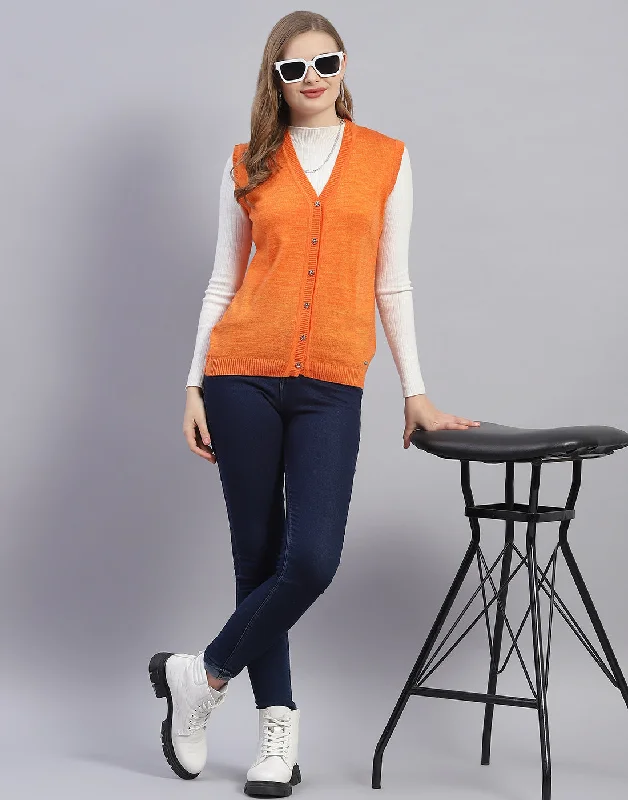 cardigan comfy cotton -Women Orange Solid V Neck Sleeveless Cardigan