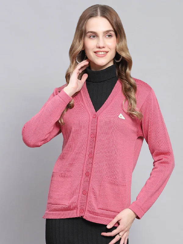 cardigan neutral purple -Women Pink Solid V Neck Full Sleeve Cardigans