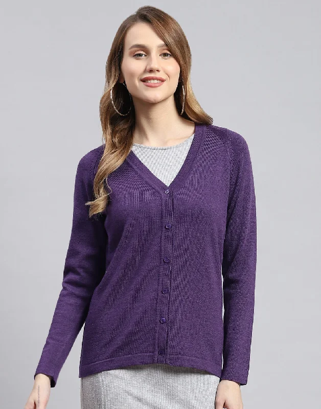 cardigan neutral navy -Women Purple Solid V Neck Full Sleeve Cardigans