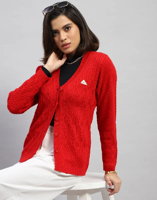 cardigan modern tones -Women Red Self Design V Neck Full Sleeve Cardigan