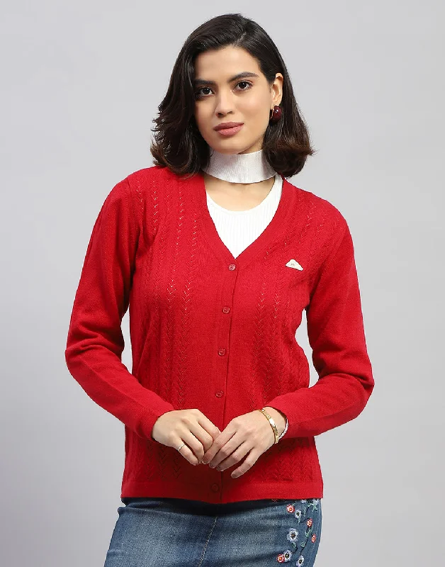 cardigan elegant casual -Women Red Self Design V Neck Full Sleeve Cardigan