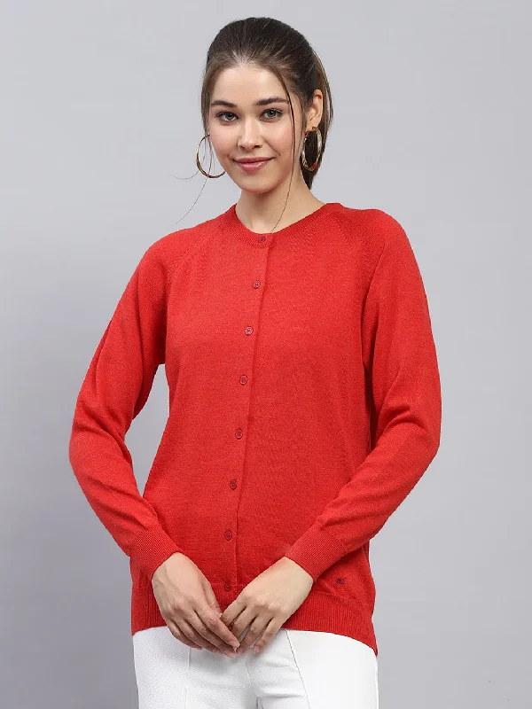 cardigan soft navy -Women Red Solid Round Neck Full Sleeve Cardigan