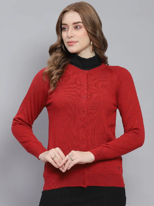 cardigan fashion trend -Women Red Solid Round Neck Full Sleeve Cardigans