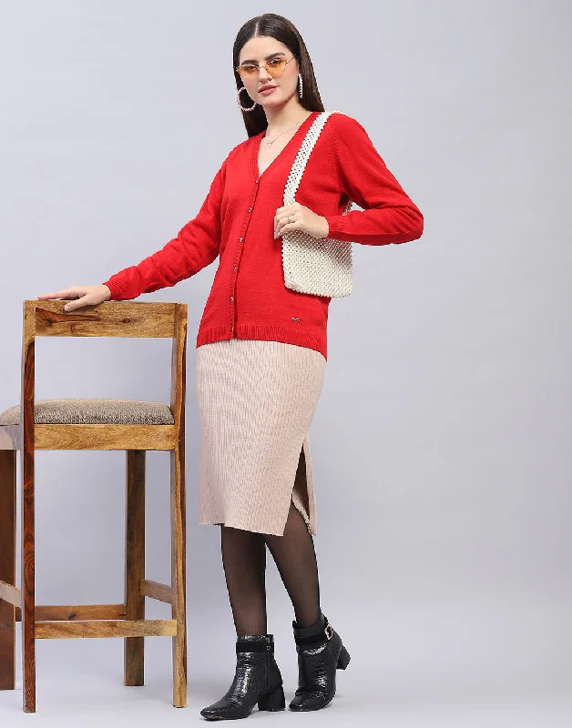 cardigan neutral pattern -Women Red Solid V Neck Full Sleeve Cardigan