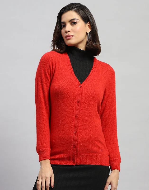 cardigan soft fit -Women Red Solid V Neck Full Sleeve Cardigan