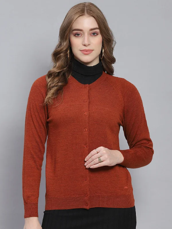 cardigan chic outfit -Women Rust Solid Round Neck Full Sleeve Cardigans