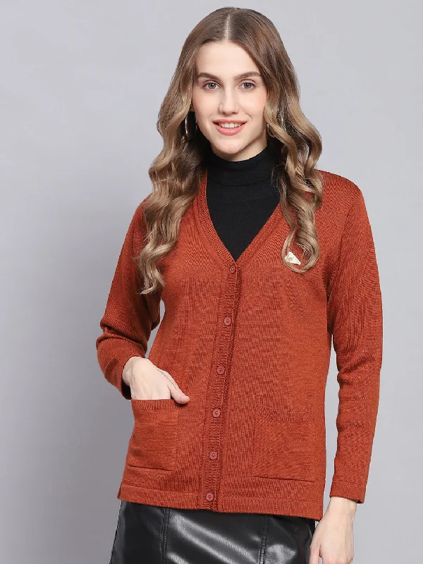 cardigan loose pink -Women Rust Solid V Neck Full Sleeve Cardigans