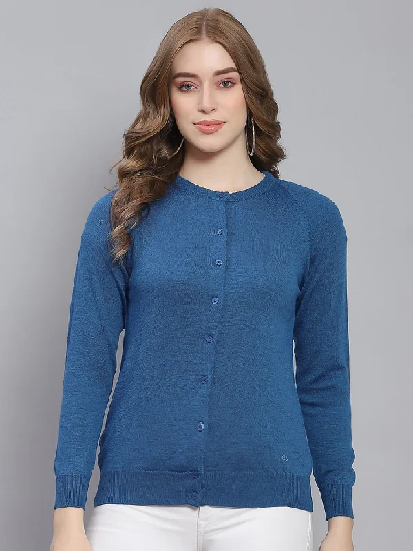 cardigan trendy fit -Women Teal Blue Solid Round Neck Full Sleeve Cardigans