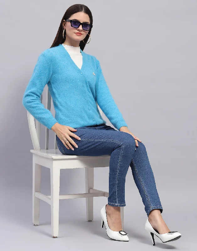 cardigan elegant pattern -Women Turquoise Blue Solid V Neck Full Sleeve Cardigan