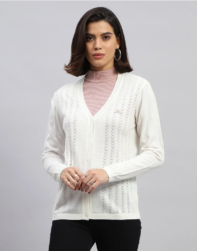 cardigan chic layers -Women White Self Design V Neck Full Sleeve Cardigan