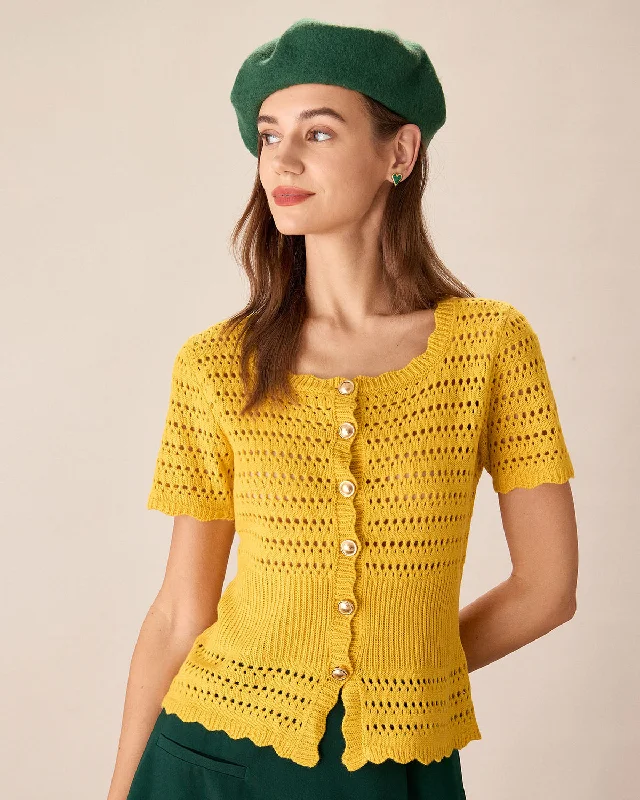 cardigan soft layers -Yellow Crochet Single-Breasted Cardigan