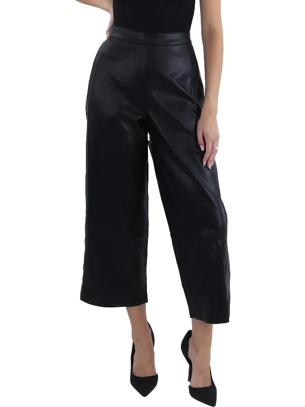 teal high waisted pants trendy -Bernie Womens Faux Leather Mid-Rise Wide Leg Pants