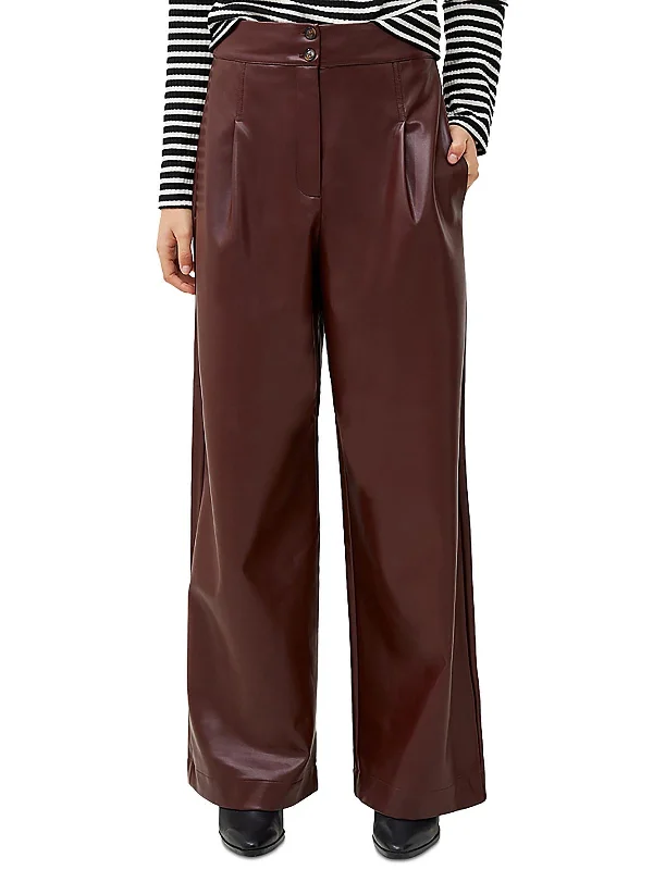 burnt orange denim pants bold -Crolenda Womens Faux Leather Pockets Wide Leg Pants