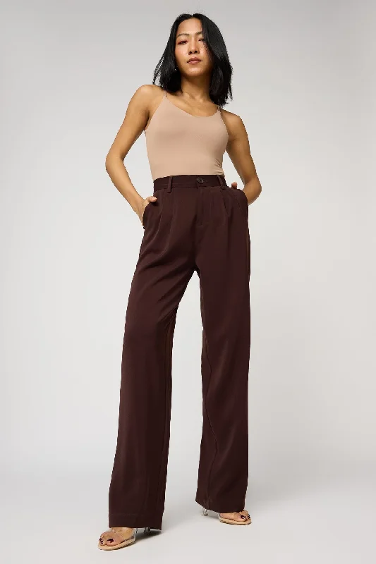 taupe sweatpants for lounging -Deep Chestnut Double Pleated Korean Pants