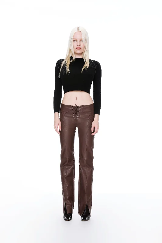 sage high waisted pants chic -ELEMENT LACE UP PANT - BROWN VEGAN LEATHER