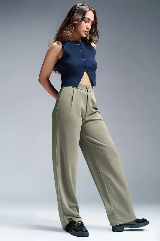 taupe high waisted pants chic -Pastel Olive Women's Textured Korean Pants