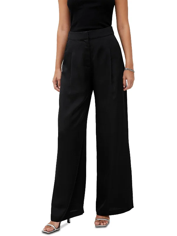 sage slim fit pants sleek -Harlow Womens Satin Pleated Wide Leg Pants