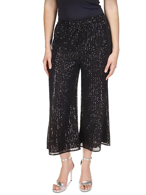 navy jogger pants comfy -Petites Womens Sequined Wide Leg Cropped Pants