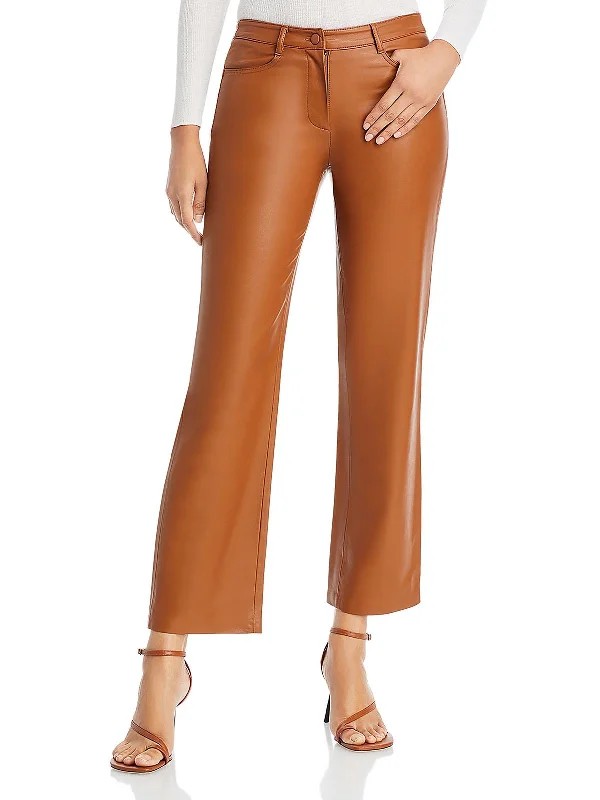 khaki yoga pants comfy -Peyton Womens Faux Leather Mid-Rise Ankle Pants