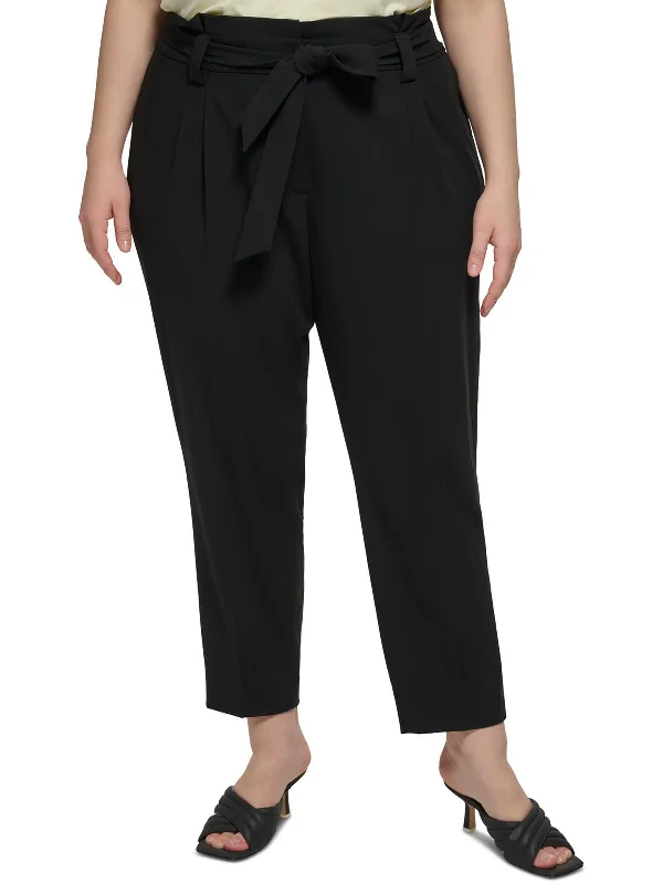 soft beige tailored pants smart -Plus Womens Belted Business Dress Pants