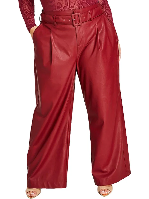 burnt orange cargo pants bold -Plus Womens Faux Leather Belted Wide Leg Pants